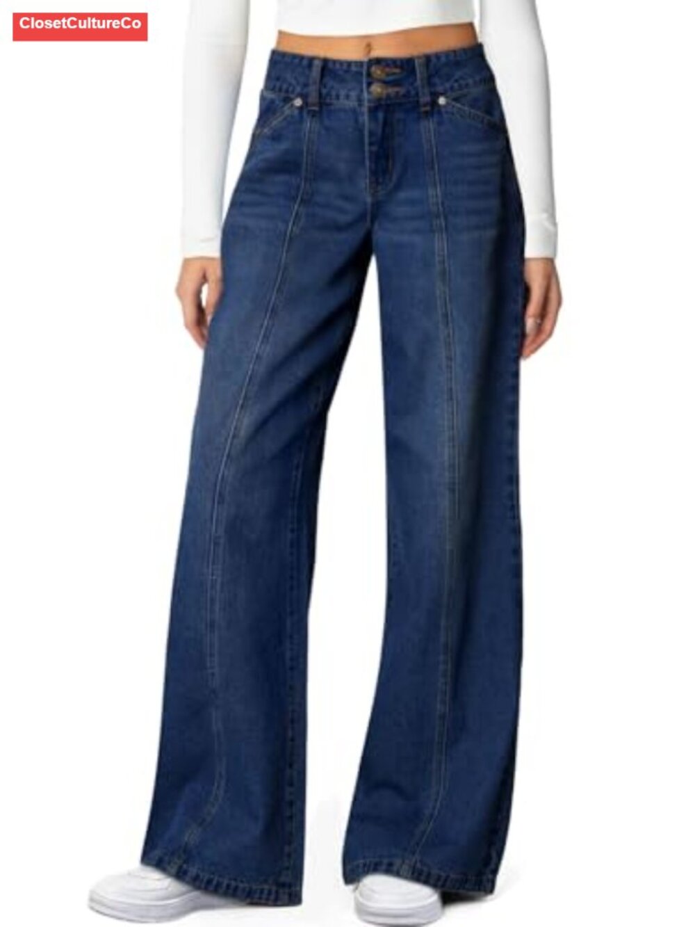 High Waisted Wide Leg Stretchy Jeans Seamed Dual Button Straight Leg
